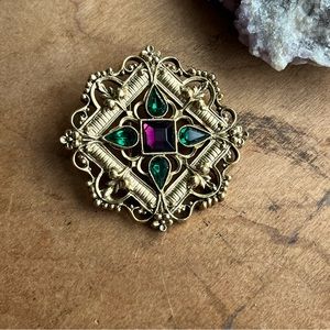 Mid-Century Style faux Amethyst & Faux Emerald Brooch goldtone